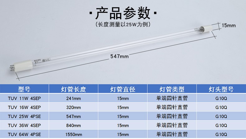 飞利浦紫外线灯管杀菌消毒tuv11w25w36w64w单端4pse鱼缸污水处理四针