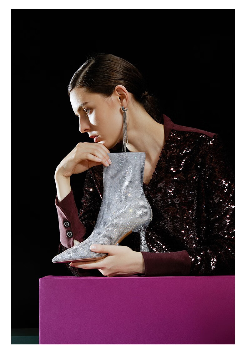 73hours女鞋after party冬季新款水晶高跟闪钻小裸靴瘦