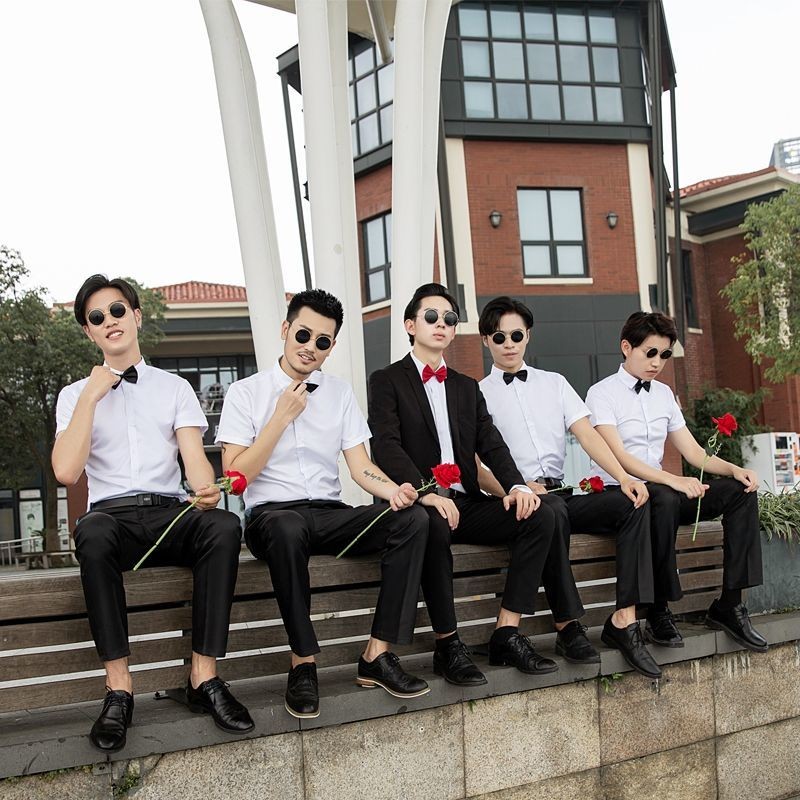 兄弟团夏季男士短袖白色衬衫西裤套装新郎西式婚礼礼服迎亲衣服短袖
