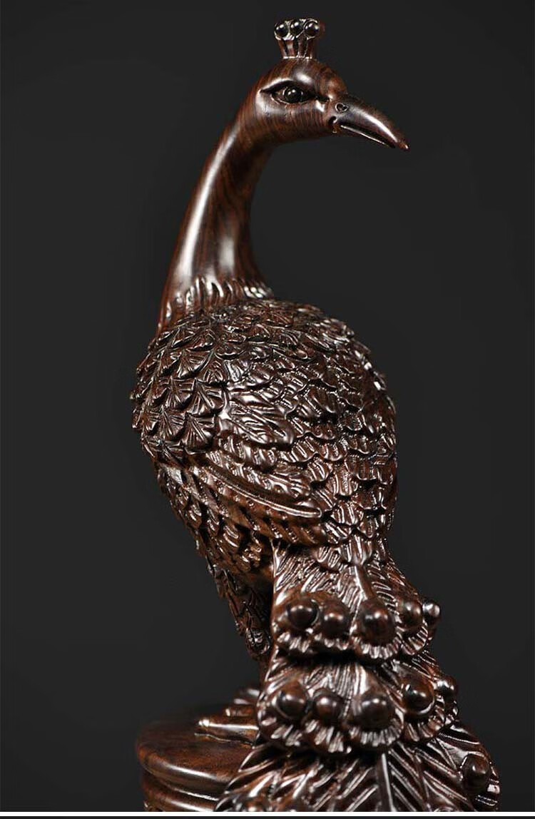 浣彩黑檀木雕孔雀摆件新中式红木家居工艺品客厅玄关装饰品摆设送礼品