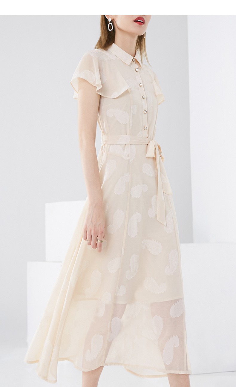 晚白2022年夏款修身系腰带通勤淑女翻领休闲长裙衬衫连衣裙 杏色 xl