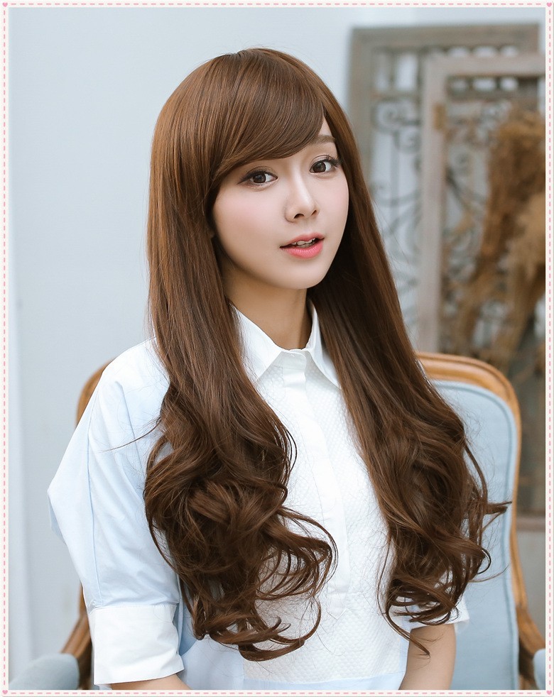 佰美丝假发女长发卷发圆脸斜刘海全头发套成人大波浪l时尚卷发套斜