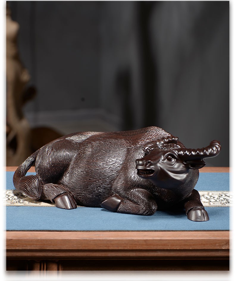 晨熟 黑檀木雕卧牛摆件实木质生肖牛家居办公室桌面玄关送礼装饰品