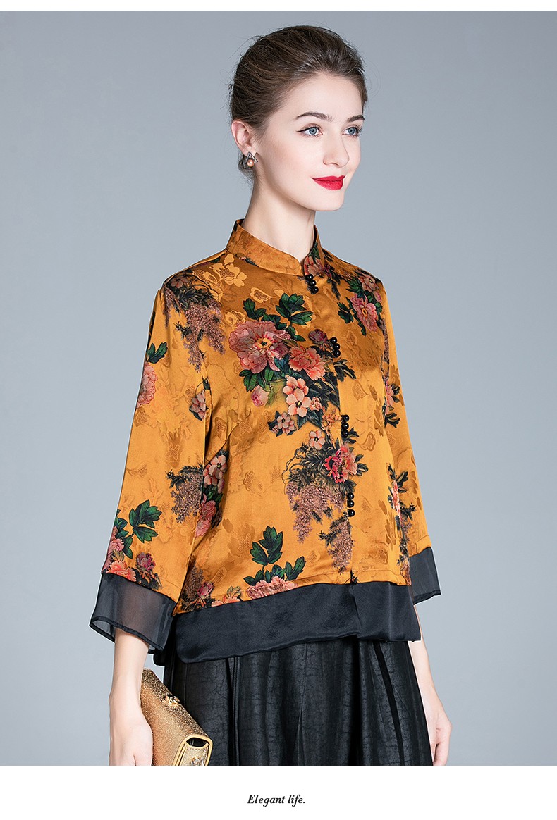 衣路香随重磅真丝花罗香云纱上衣女春秋长袖中老年妈妈气质桑蚕丝衬衣