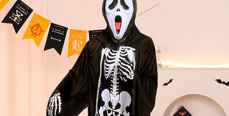 倍欢喜 万圣节服装儿童幼儿园装扮披风黑色死神披风骷髅鬼衣服服饰