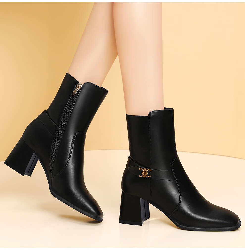 头粗跟马丁靴百搭女士皮靴子英伦风休闲鞋中跟妈妈鞋靴黑色标准尺码39