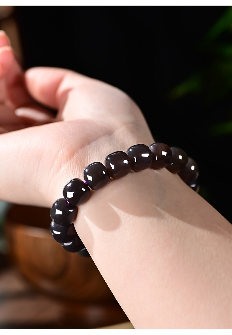 好聚多 和田玉烟紫色手串女老型珠玉石手链男帝王紫路路通桶珠手饰