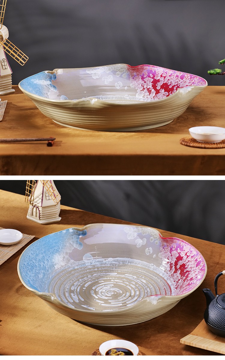 高端刺身盘冰盘大三文鱼摆盘盘子鱼生专用盘海鲜拼盘干冰餐具商用圆形