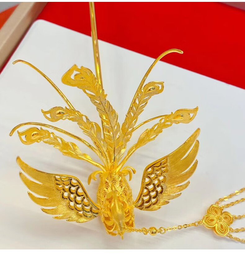 9足金轻奢发簪古风头饰凤凰 黄金头饰复古婚嫁婚礼凤簪结婚礼物 黄金