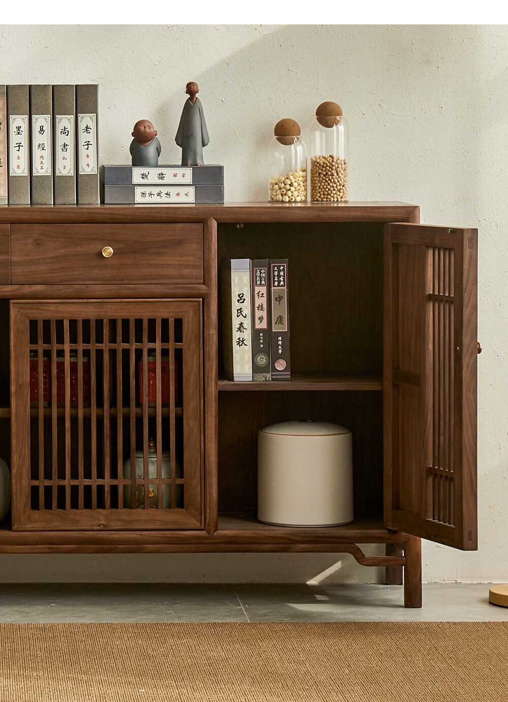 梵叙新中式实木餐边柜置物柜客厅玄关柜黑胡桃木茶室茶边柜家用储物柜