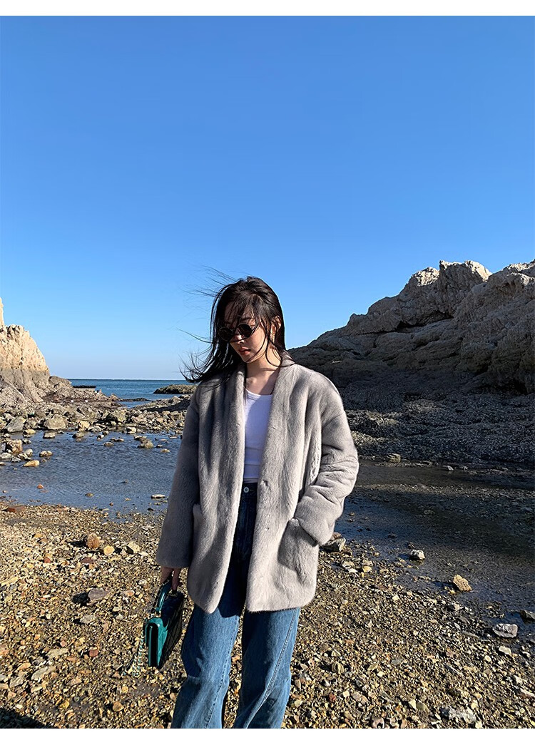 狄派斯 进口貂皮大衣女士小母貂整貂水貂天鹅绒年轻皮草外套 银蓝貂