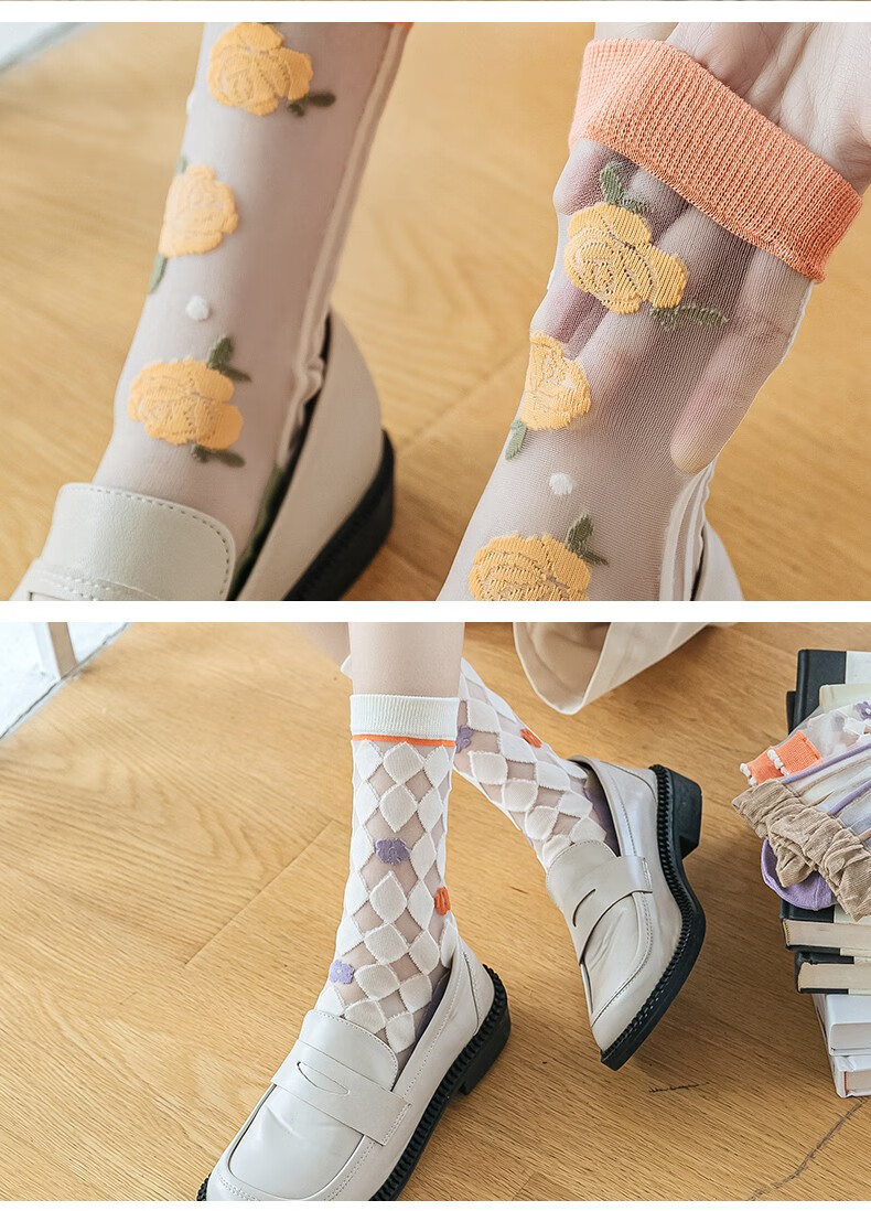 彩色中筒袜夏季薄款外穿棉底卡丝水晶丝袜透气可爱透明玻璃袜ins潮袜