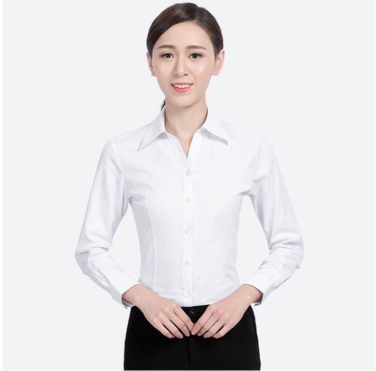 菡卿(hanqing)职业装衬衣女式正装领白底蓝色竖条纹长袖衬衫修身方领