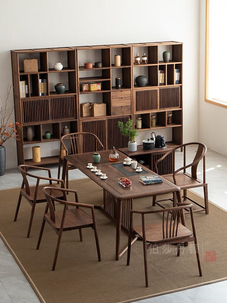 新中式茶桌椅组合原木黑胡桃木茶台禅意茶室实木家具 老榆木 1.