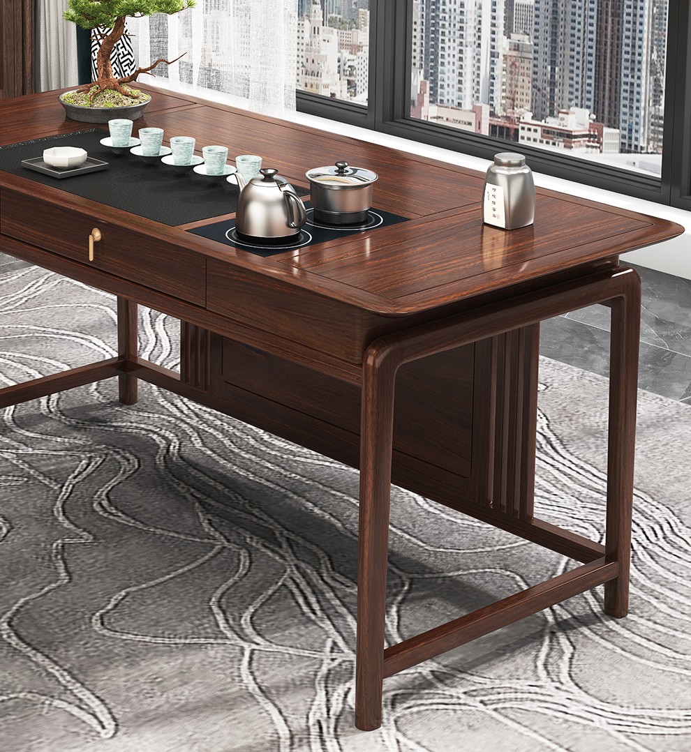 欣诗雅实木茶桌乌金木茶台岩板茶桌阳台功夫茶几桌新中式茶桌椅组合