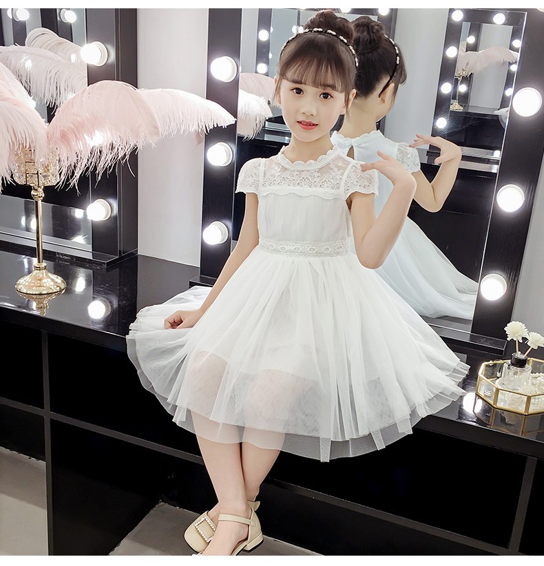 孩子城堡童装六一表演服女童连衣裙中大童纱裙儿童白色公主裙2022夏装