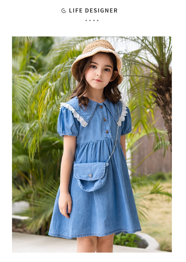 momoco/玛米玛卡童装女童连衣裙夏季时尚可爱翻领泡泡袖儿童牛仔