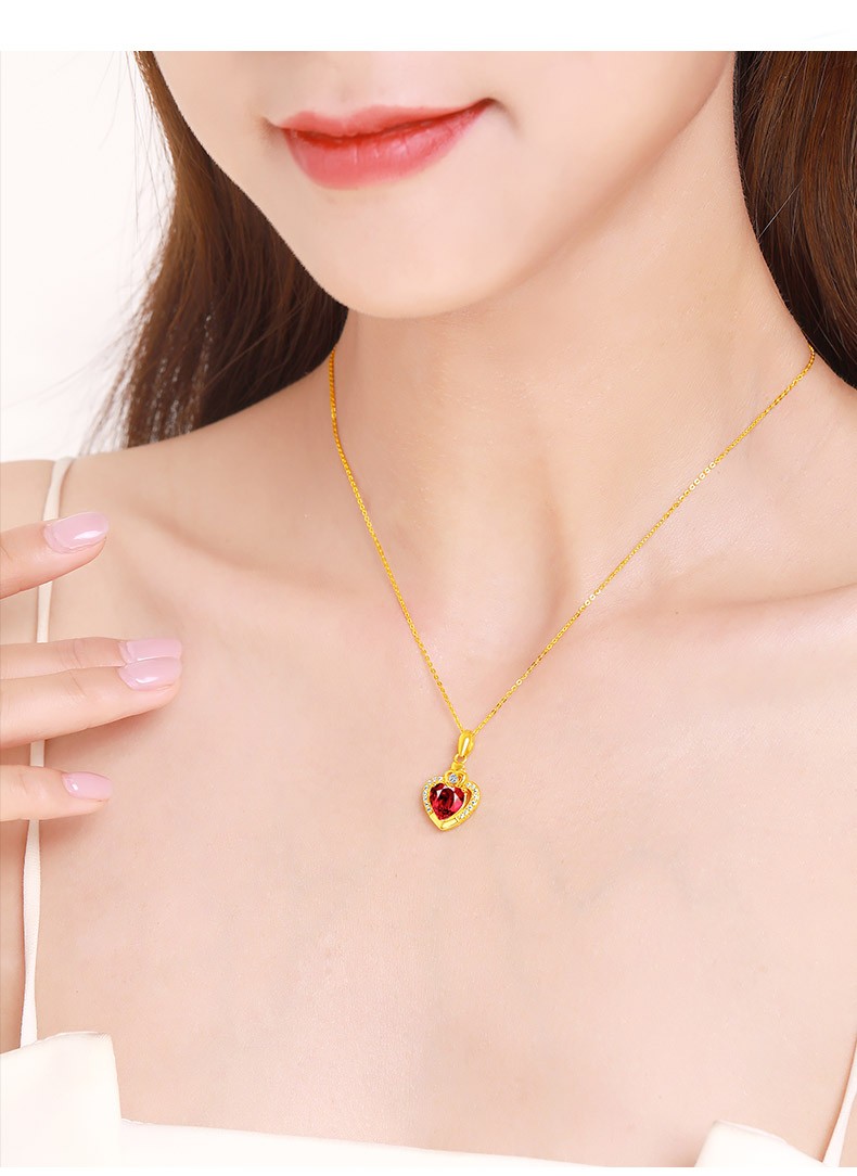 玉等我999足金爱心金吊坠颈链红宝石黄金项链妈妈款送女生礼物足金999