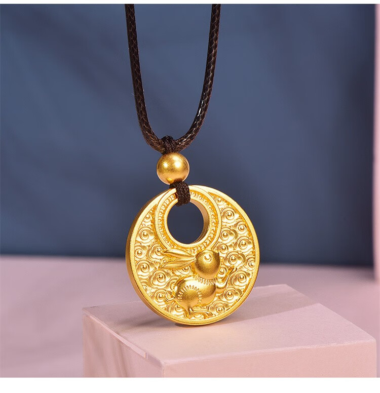 明牌珠宝古法黄金吊坠 足金玉兔奔月编绳项坠兔年金珠挂件afc0671工费