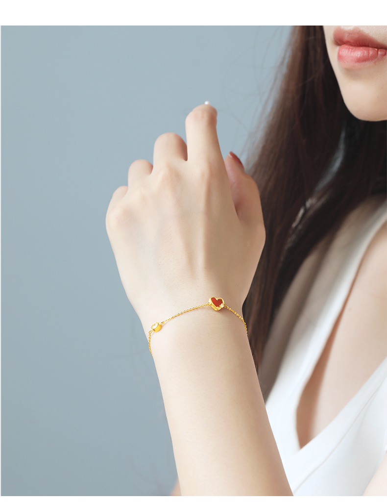 老凤凰黄金手链女款999足金浪漫爱心红玛瑙时尚金饰定情信物送女友