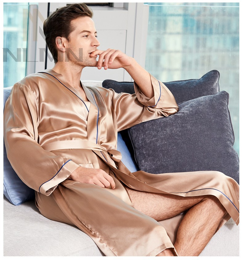 nlmn 重磅真丝睡衣男新款长袖桑蚕丝绸睡袍浴袍晨袍家居服 灰色 2xl