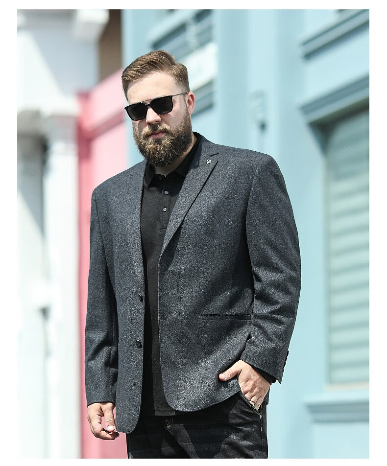 百胜狐大码男装中年商务休闲正装西服秋冬加肥加大胖子西装外套 黑