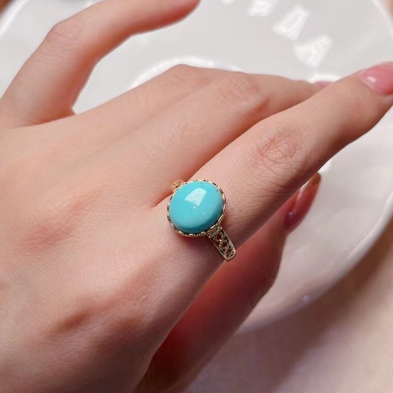 慈心缘绿松石高瓷高蓝果冻料素面戒指18k金镶嵌女士戒指女戒送生日