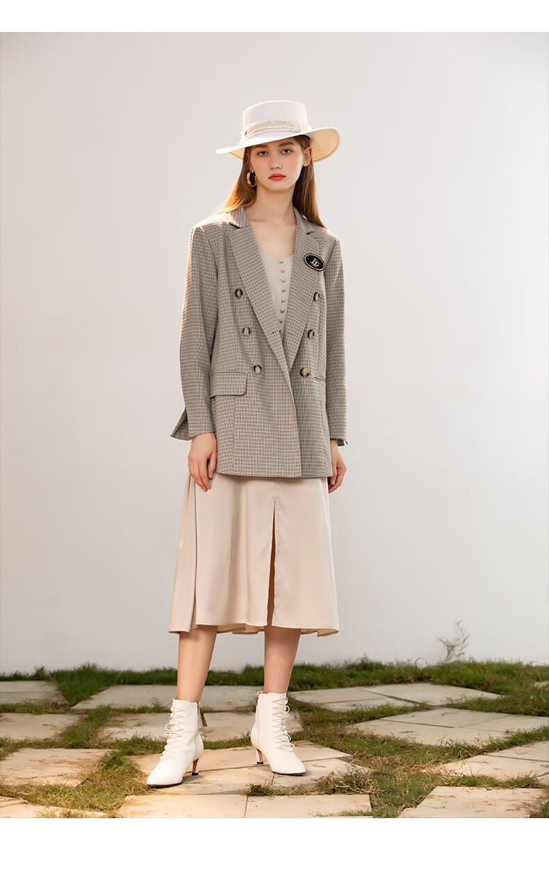 谷邦22秋季新款连衣裙女法式设计感气质v领长裙 奶茶色 xl/170【图片