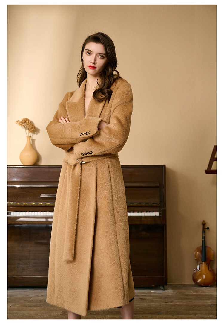 瑟俐品牌高端通勤燕麦色苏力双面羊驼绒大衣女中长款加厚毛呢外套冬季