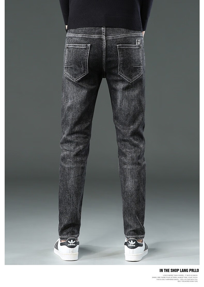 pratolee男士烟灰色牛仔裤男修身刺绣潮流春季小直筒裤男弹力商务裤