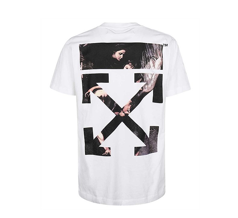 off white 米白色男款白色纯棉后背圣母标志箭头修身型短袖t恤 白色 s