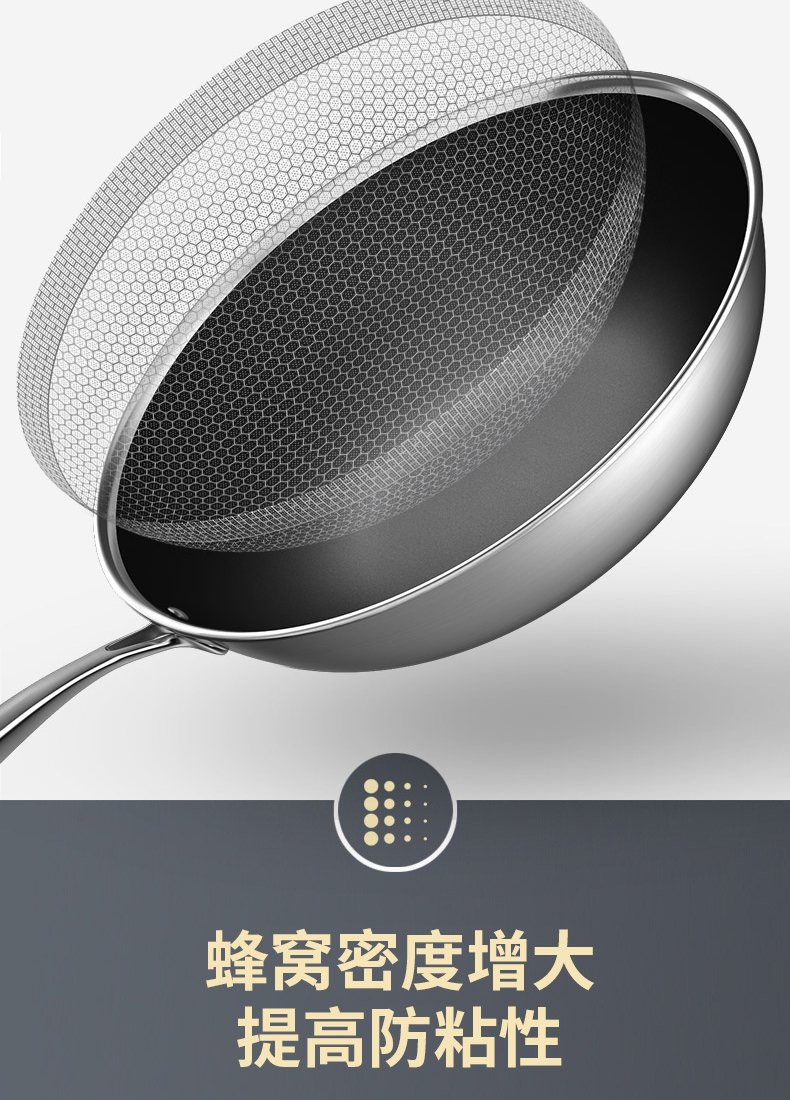 康巴赫炒锅304不锈钢全面屏蜂窝花纹不粘锅平底少油烟炒菜锅电磁炉