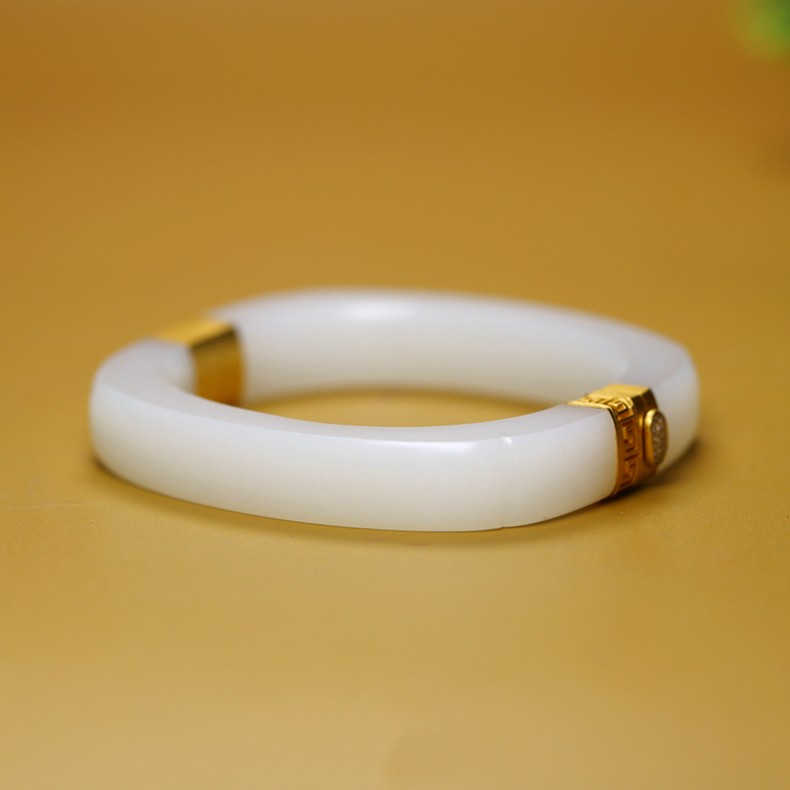 玉悦东海 和田玉可打开手镯18k金镶活口长方形镯子贵妃玉镯女款定制