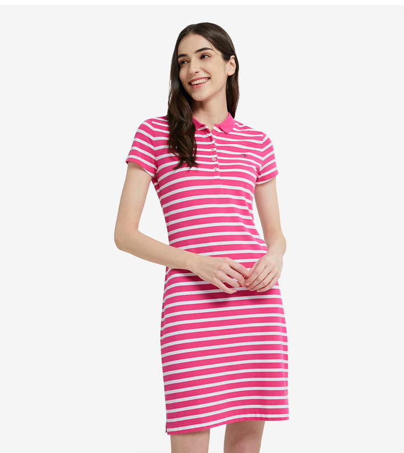 tommy春夏女装休闲绣标条纹弹力修身显瘦polo领连衣裙ww0ww27856蓝白