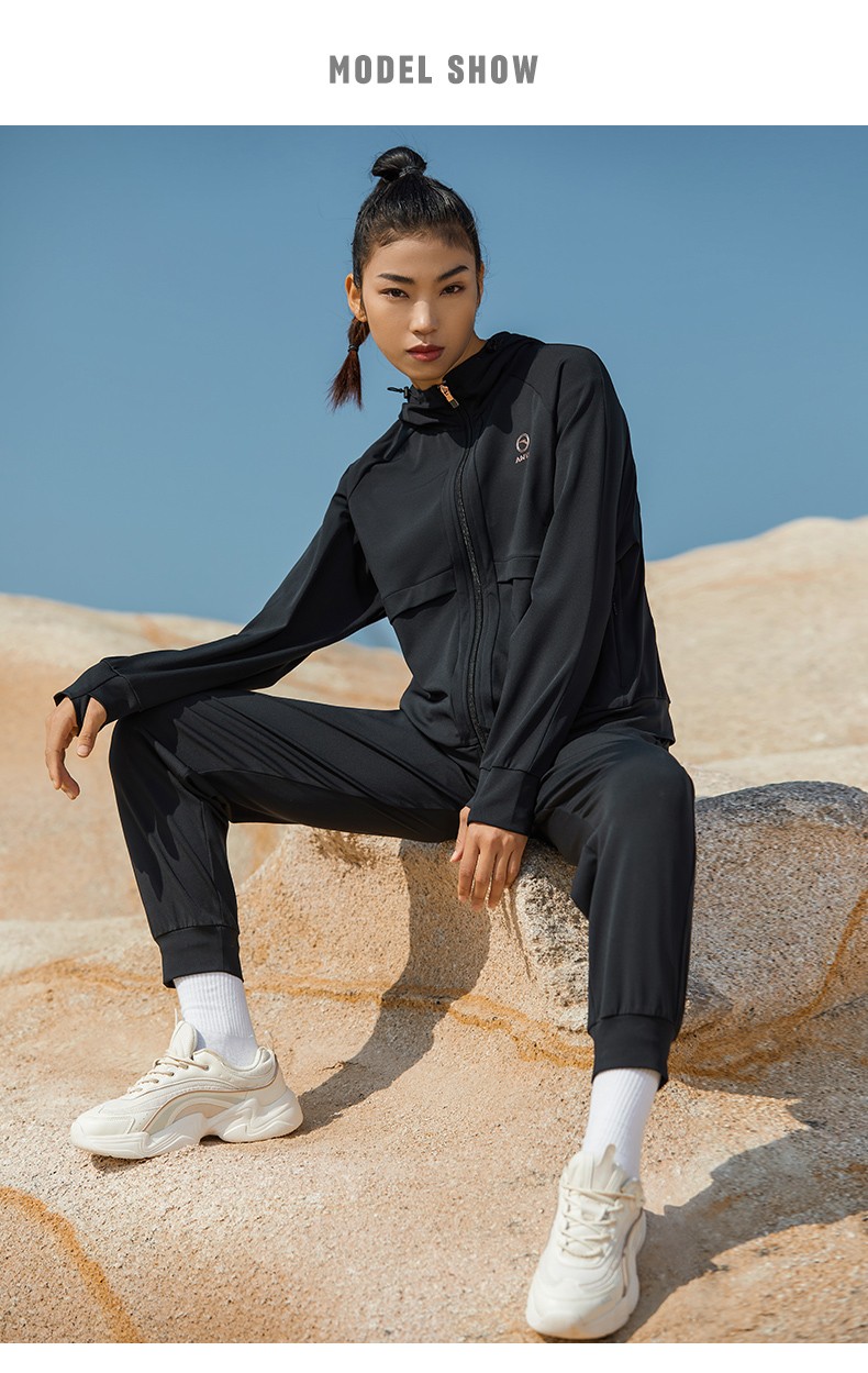 安踏运动套装女夏季新款针织连帽休闲上衣跑步旅游外套直筒收口束脚