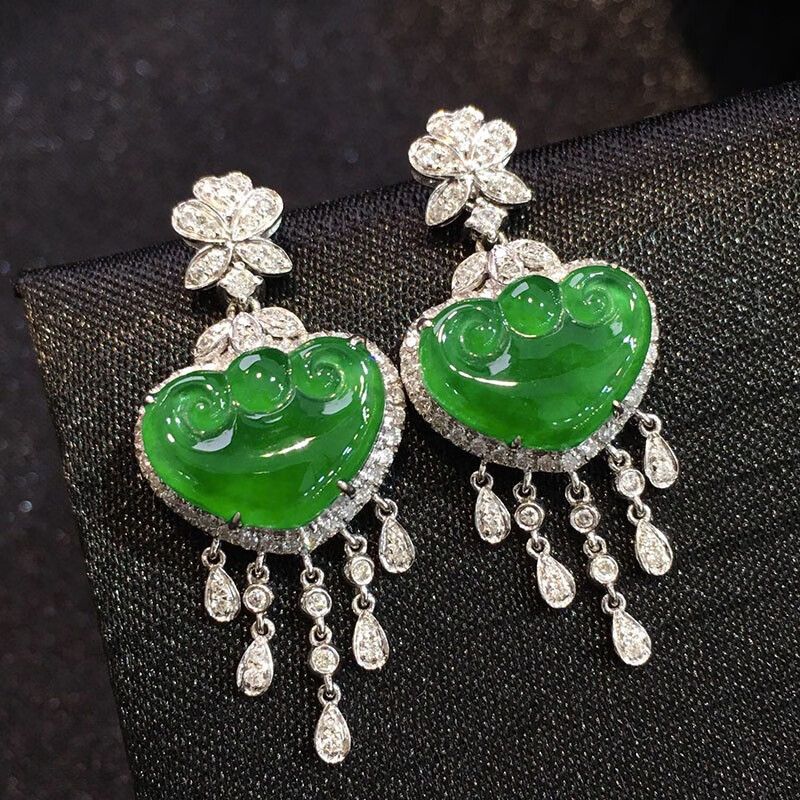 玉佳佳冰辣绿大如意翡翠耳坠耳饰18k金镶嵌珠宝首饰缅甸a货翡翠冰种