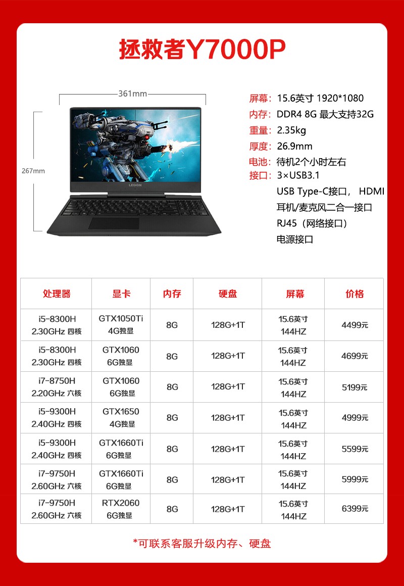 【二手95新】联想 拯救者 y7000 / y7000p / r7000笔记本电脑游戏本