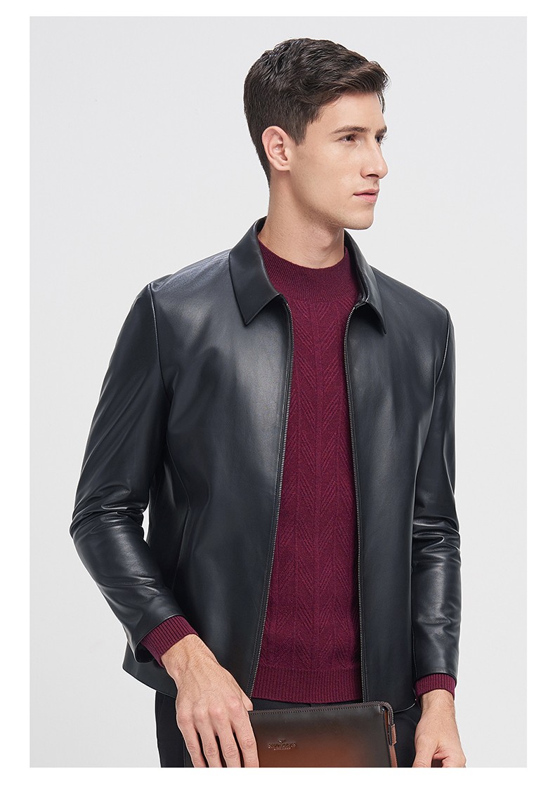 七匹狼皮衣男士新款简约翻领商务休闲羊皮革夹克皮衣外套男装001黑色