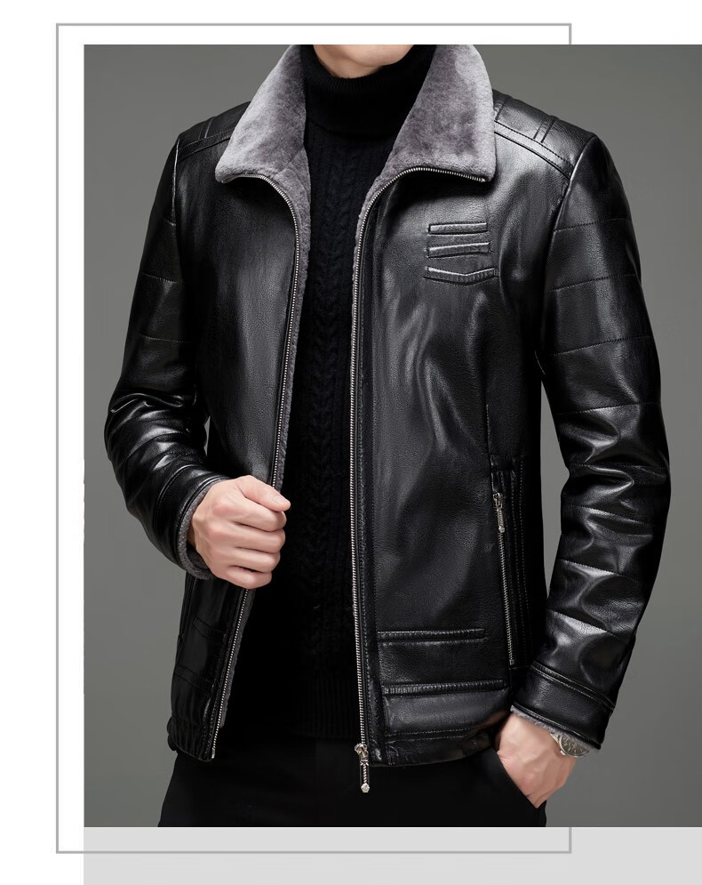 皮尔卡丹 轻奢真皮皮衣男皮毛一体外套秋冬季加绒加厚翻领皮衣绵阳皮