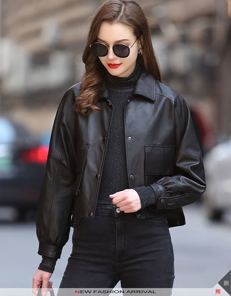 颖辉真皮皮衣女海宁绵羊皮短款外套女士宽松韩版休闲夹克衫大码女式