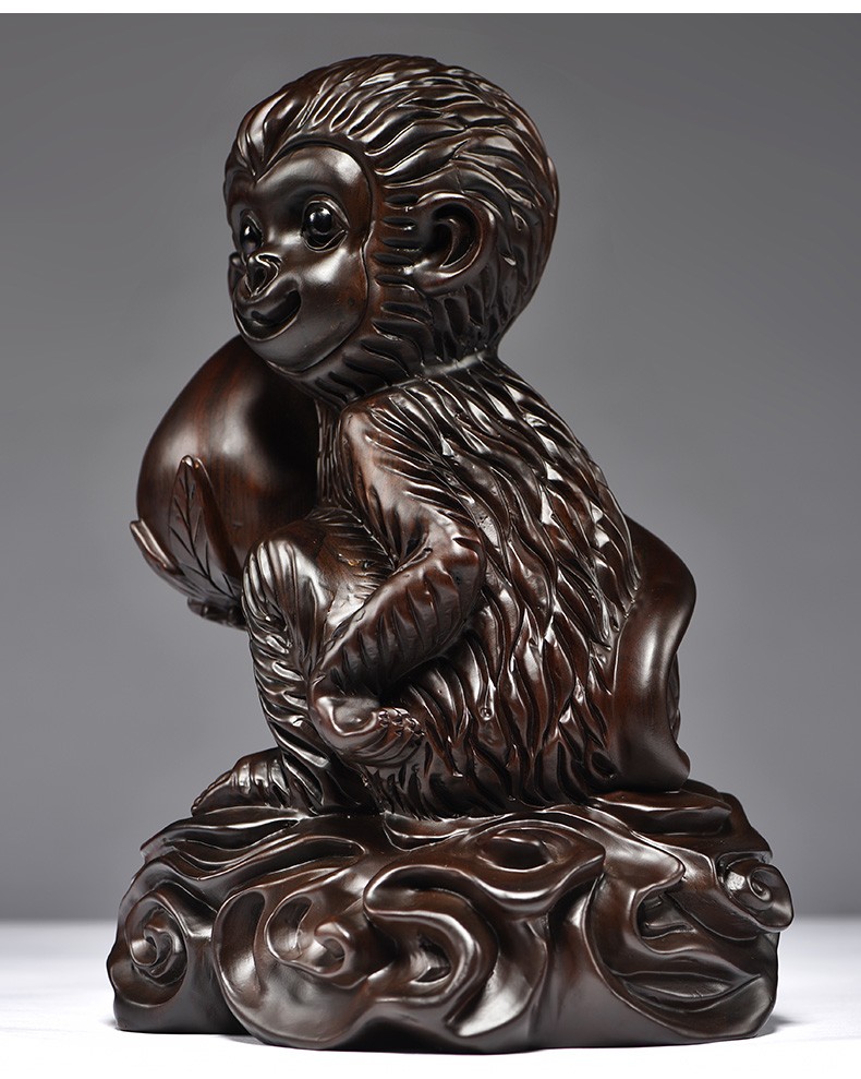 浣彩黑檀木雕猴子摆件工艺品十二生肖猴木头猴属猴家居客厅玄关董事长