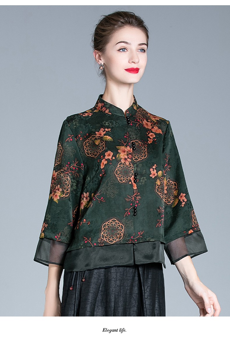 衣路香随重磅真丝花罗香云纱上衣女春秋长袖中老年妈妈气质桑蚕丝衬衣