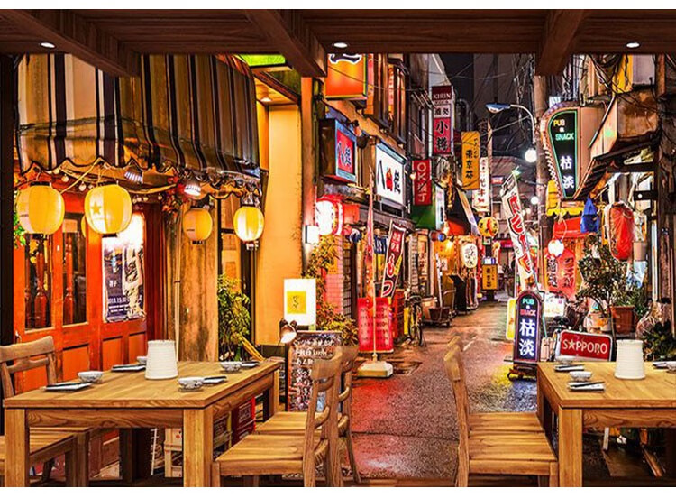 西里尔日料寿司店背景墙纸日式居酒屋日本街景招牌壁画和风装饰餐厅