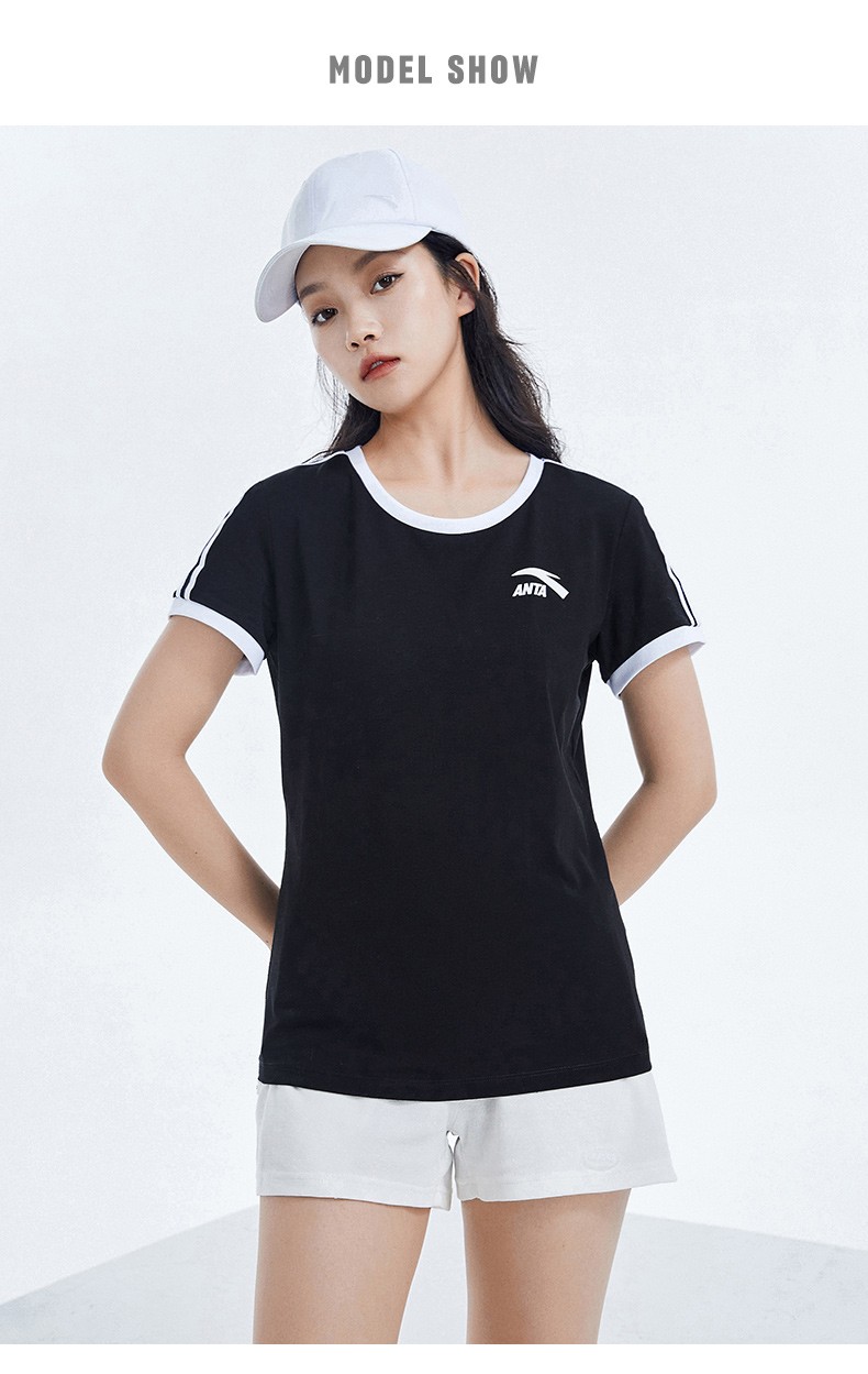 安踏女装短袖t恤女夏季运动圆领条纹字母透气易干薄款女士休闲短袖