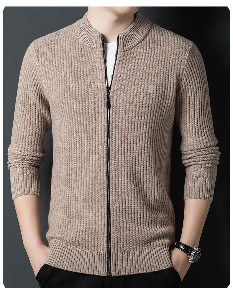 皮尔卡丹纯羊绒衫男开衫冬季新品男士立领纯色百搭提花时尚山羊绒开衫