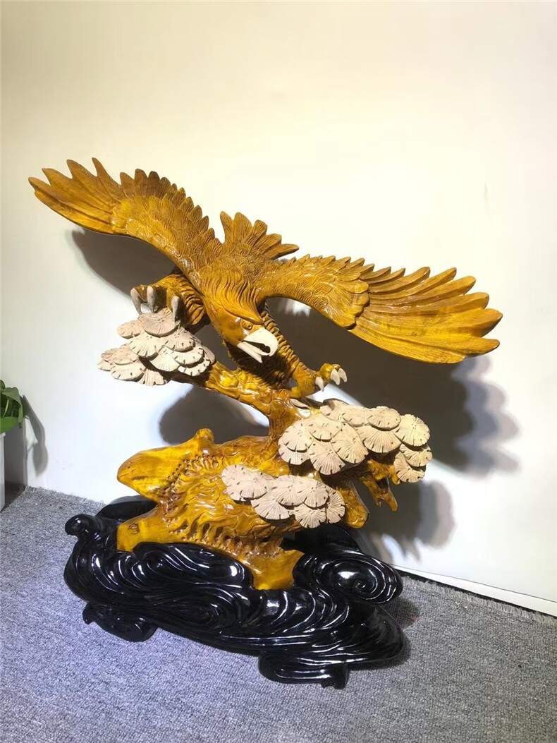 大展宏图雄鹰展翅家居客厅办公室摆件工艺品小叶桢楠水波纹手工雕刻