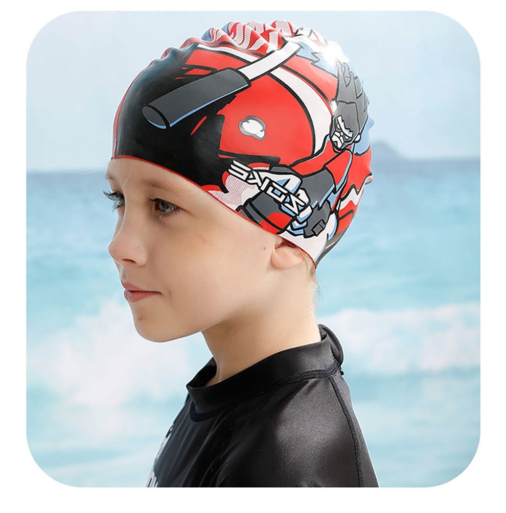 洲克zoke儿童泳帽卡通图防水护耳专业游泳训练青少年硅胶泳帽深蓝孙