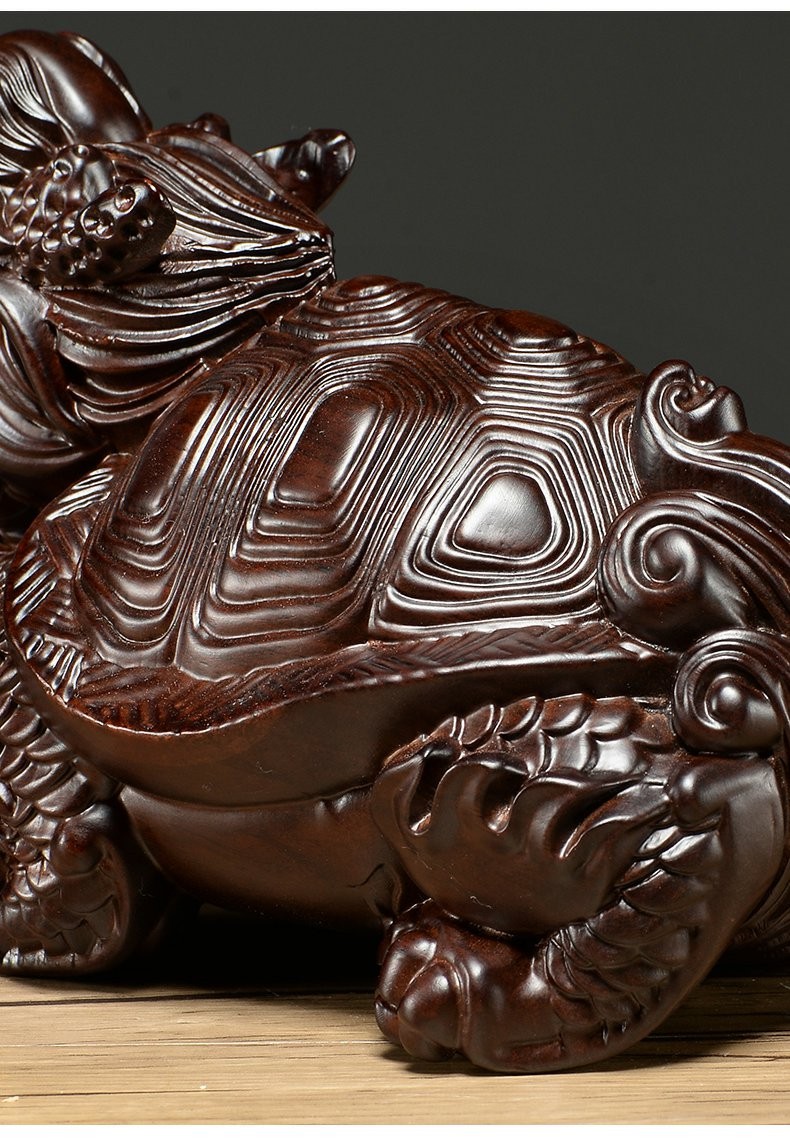 浣彩黑檀木雕龙龟摆件红木雕刻工艺品实木龙头龟玄武家居办公装饰摆设