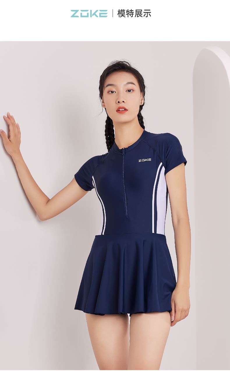 洲克zoke泳衣女连体裙摆遮肚显瘦沙滩度假运动戏水大码游泳衣黑白色