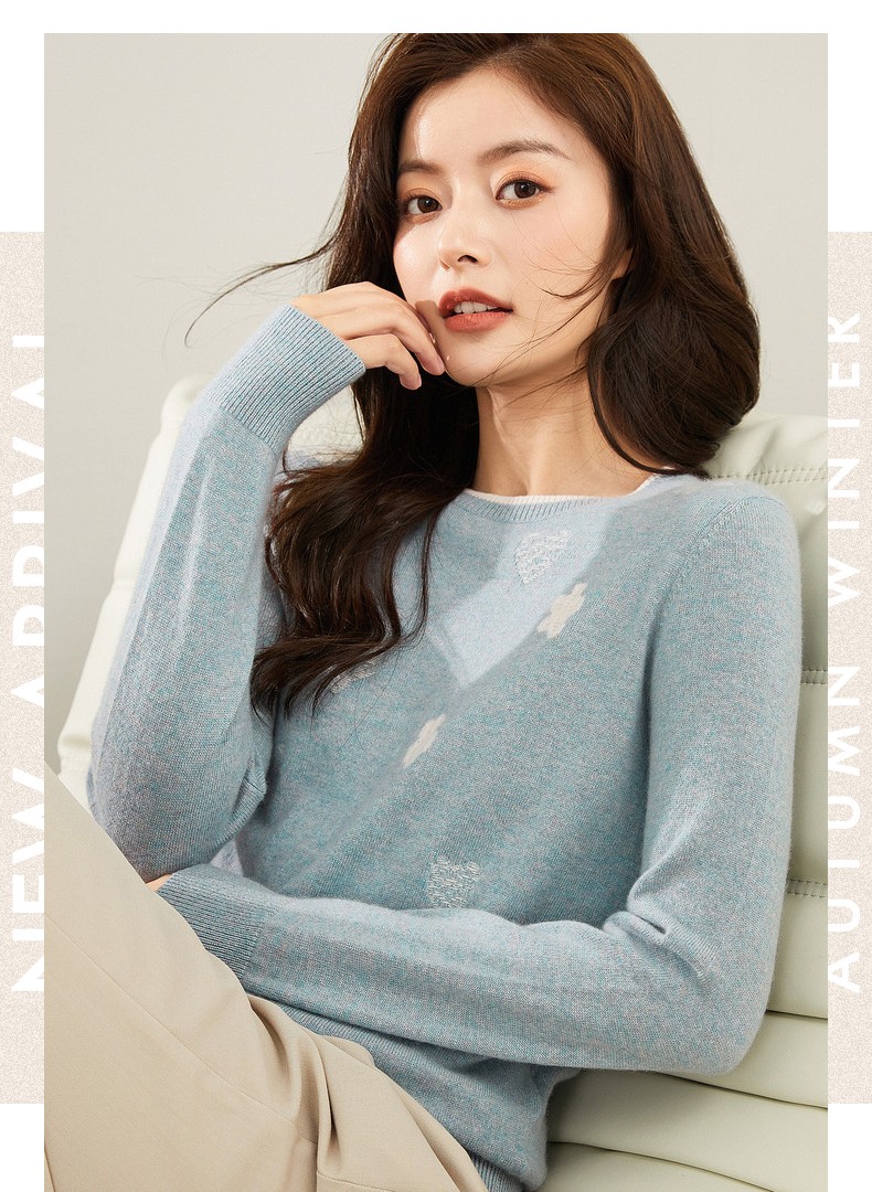 米皇2021秋季新款套头圆领长袖羊绒衫女休闲提花纯羊绒毛衣针织衫无染